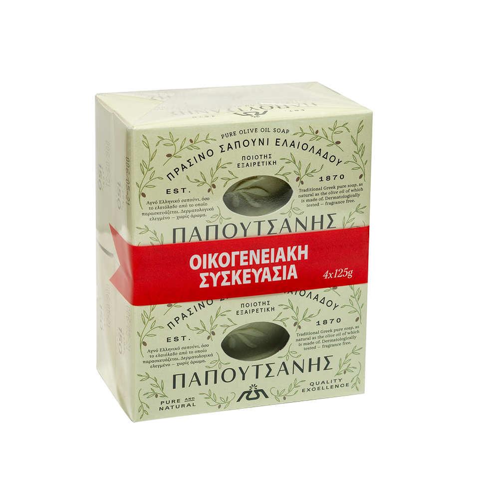 Zelené olivové mydlo Papoutsanis – 4 × 125 g