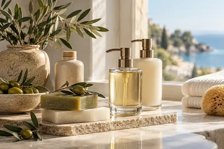 Olive branches, olive oil bar soaps and pump bottles in a sunny bathroom overlooking the sea